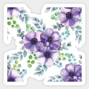 Purple Anemone translucent flowers bouquet. Spring transparent flowers and leaves composition. Elegant blooming floral arrangement Sticker